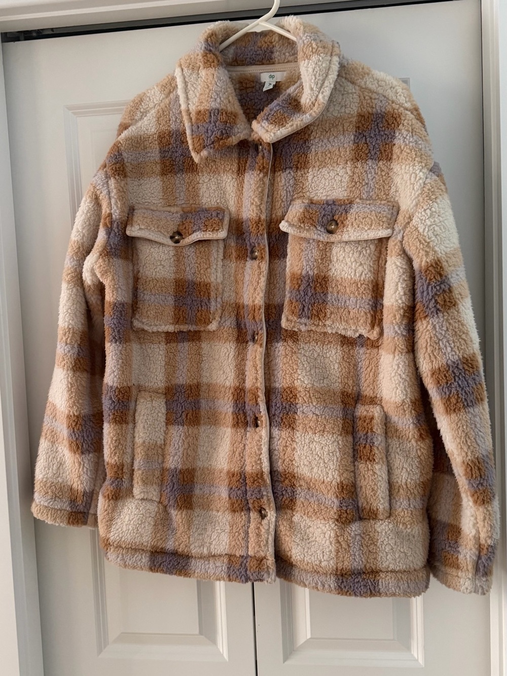 dip Cream, Tan & Light Purple Plaid Sherpa Jacket